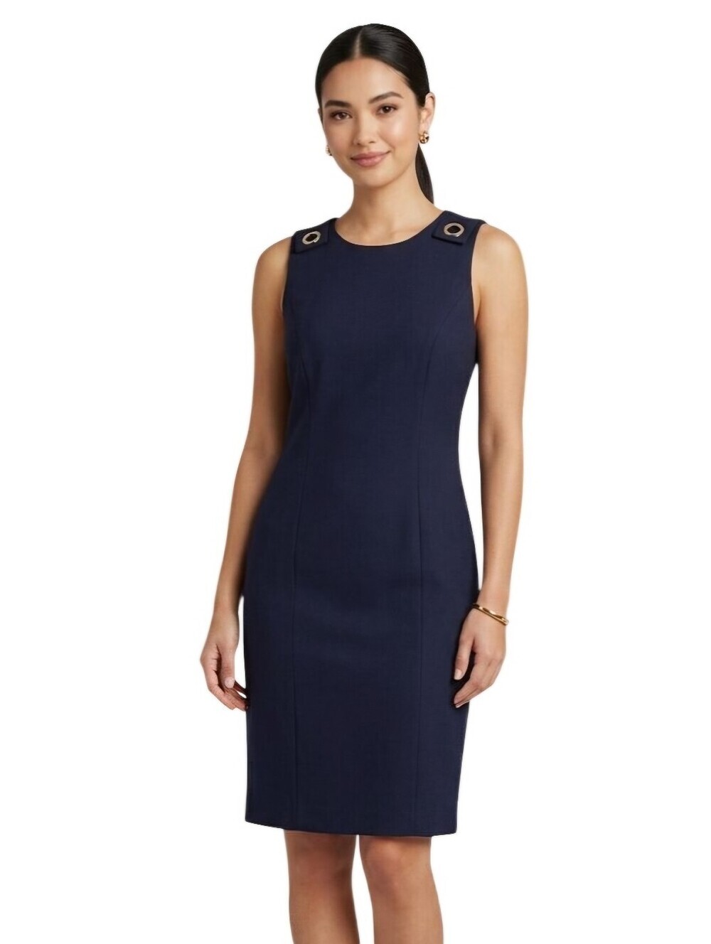 Hugo Boss Navy Virgin Wool Blend Gold Ring Detail Designer Sheath Dress Size 6